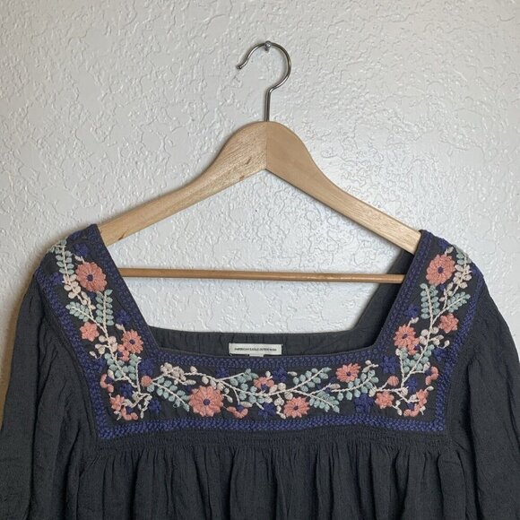 American Eagle Women’s Smocked Square Neck Babydoll Top Light Blue  Size Lg - Picture 5 of 9